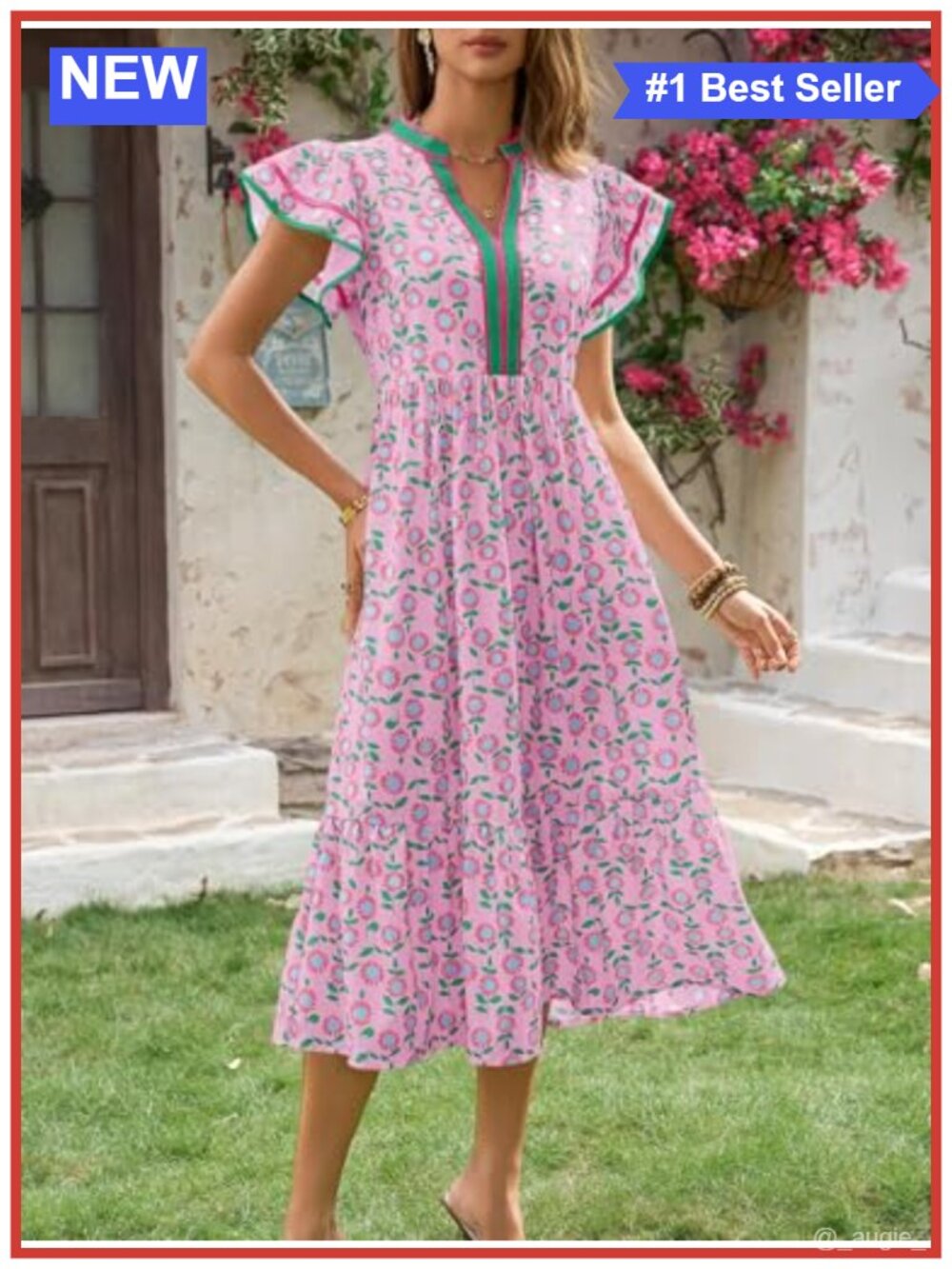 Womens Floral Midi Dress Cap Sleeve V Neck Sundress - Picture 4 of 6